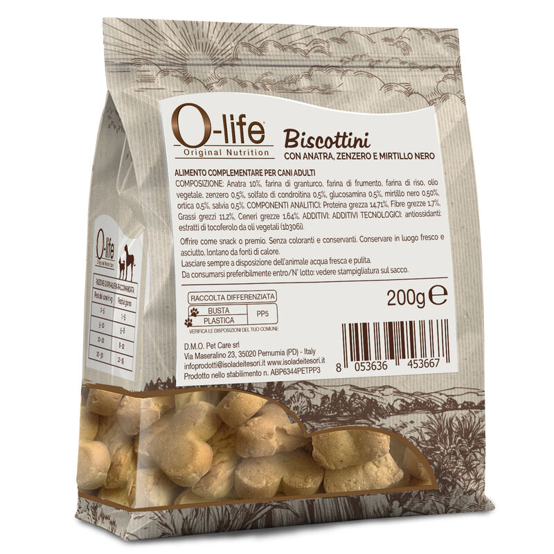 O-life Dog Adult Biscottini con Anatra zenzero e mirtilli nero 200gr