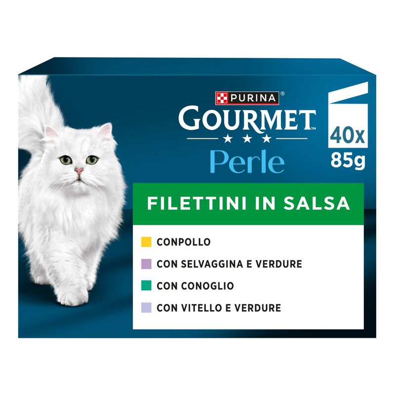 Gourmet Perle Cat Adult Filettini in salsa Pollo, Coniglio, Selvaggina e Vitello 85grx40pz