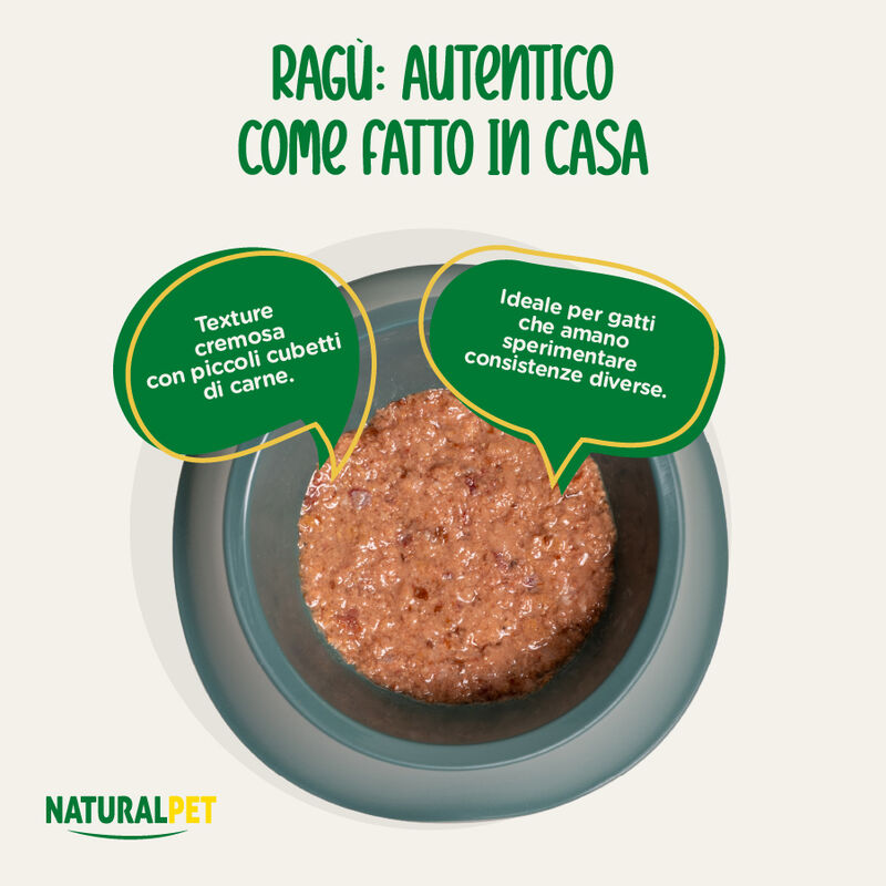 Naturalpet Cat Sterilised I rag&ugrave; Manzo con cubetti di arrosto di pollo 85gr