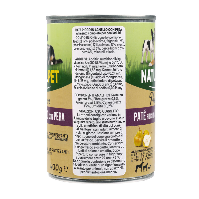 Naturalpet Premium Dog Adult Pat&eacute; ricco in Agnello con pera 400gr