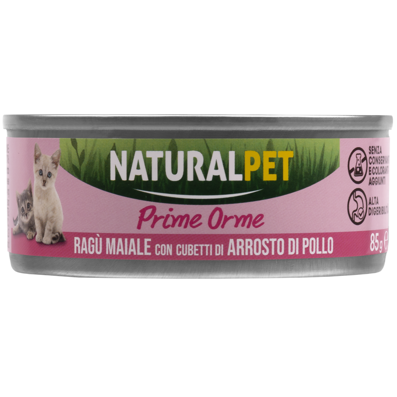 Naturalpet Prime Orme Kitten rag&ugrave; al maiale con cubetti di arrosto di pollo e riso 85gr