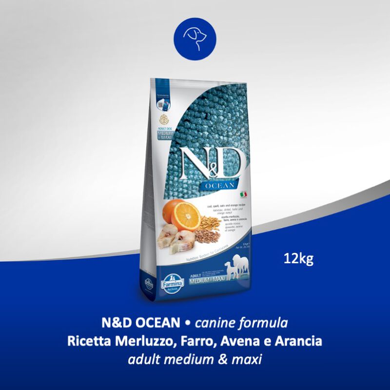N&D Farmina Ocean Dog Adult Medium & Maxi Merluzzo, Farro, Avena & Arancia 12 kg