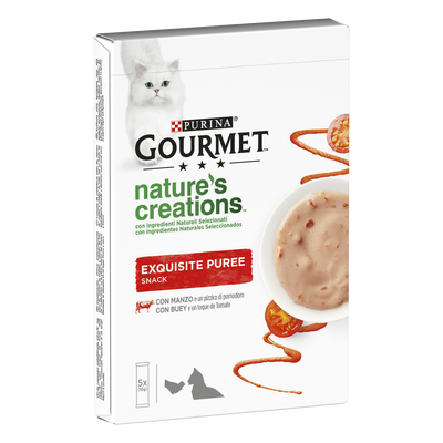 Gourmet Nature's Creations Snack per gatti Exquisite Puree Manzo e Pomodoro 5 x 10 gr