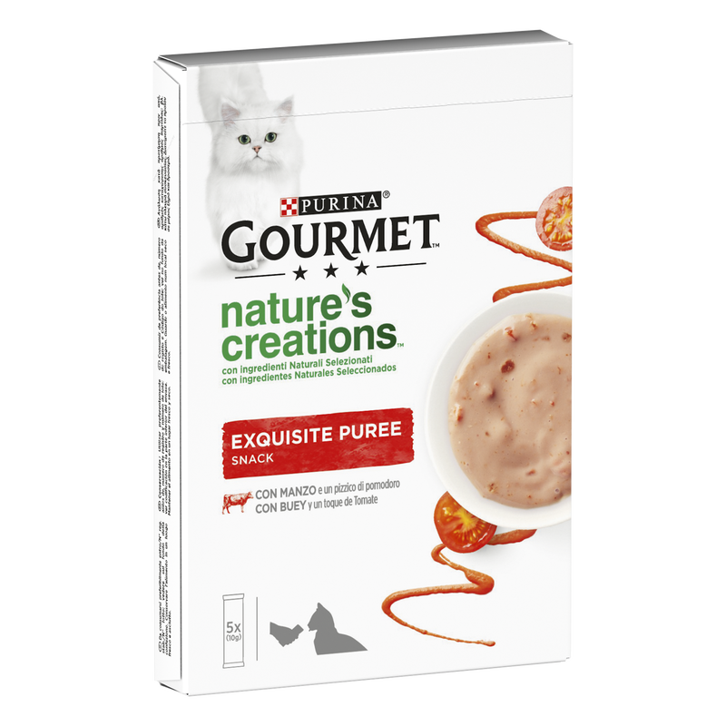 Gourmet Nature's Creations Snack per gatti Exquisite Puree Manzo e Pomodoro 5 x 10 gr