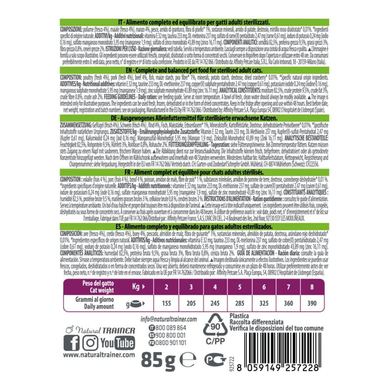 Natural Trainer Cat Sterilised con Manzo 85 gr