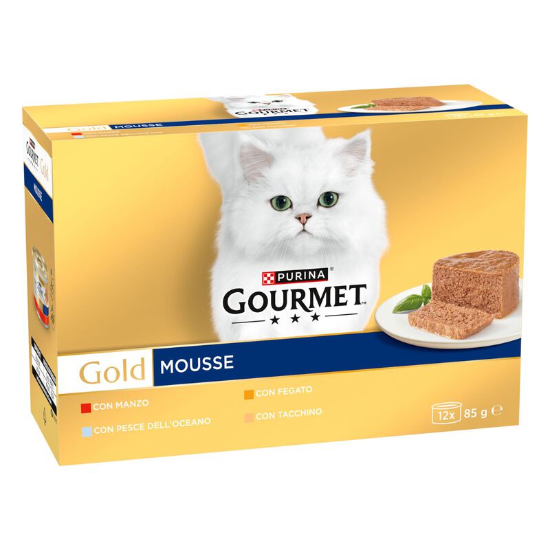 Gourmet Gold Cat Adult  Mousse con Manzo, Pesce dell'Oceano, Tacchino, Fegato 12x85 gr