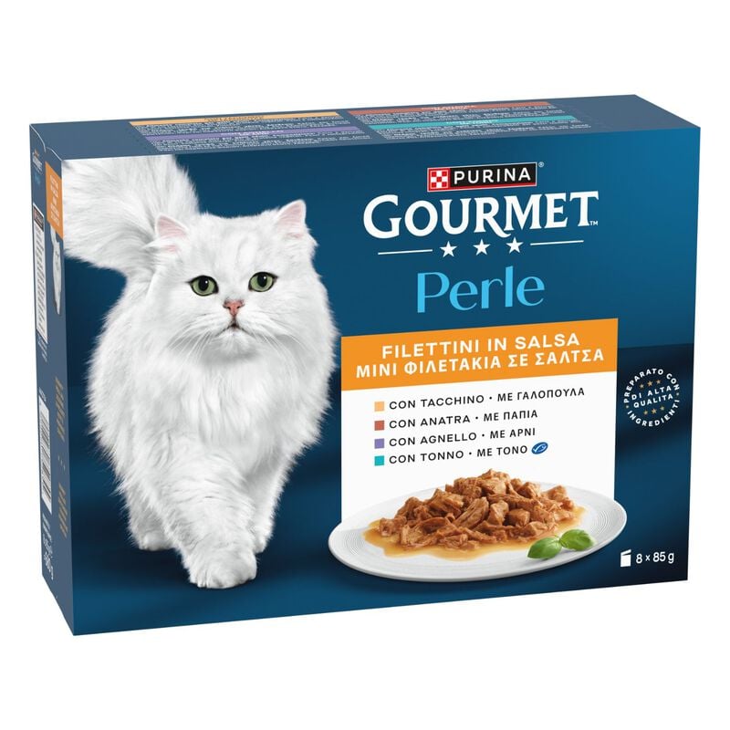 Gourmet Perle Cat Adult Filettini in Salsa Tacchino Tonno Anatra e Agnello 8 x 85 gr