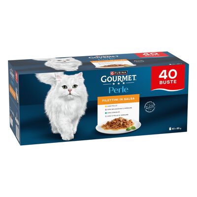 Gourmet Perle Cat Adult Filettini in salsa Pollo, Coniglio, Selvaggina e Vitello 85grx40pz