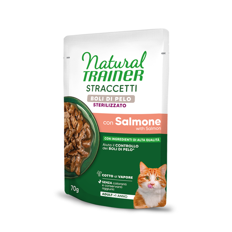 Natural Trainer Boli di Pelo Straccetti con Salmone per Gatti Sterilizzati 70gr