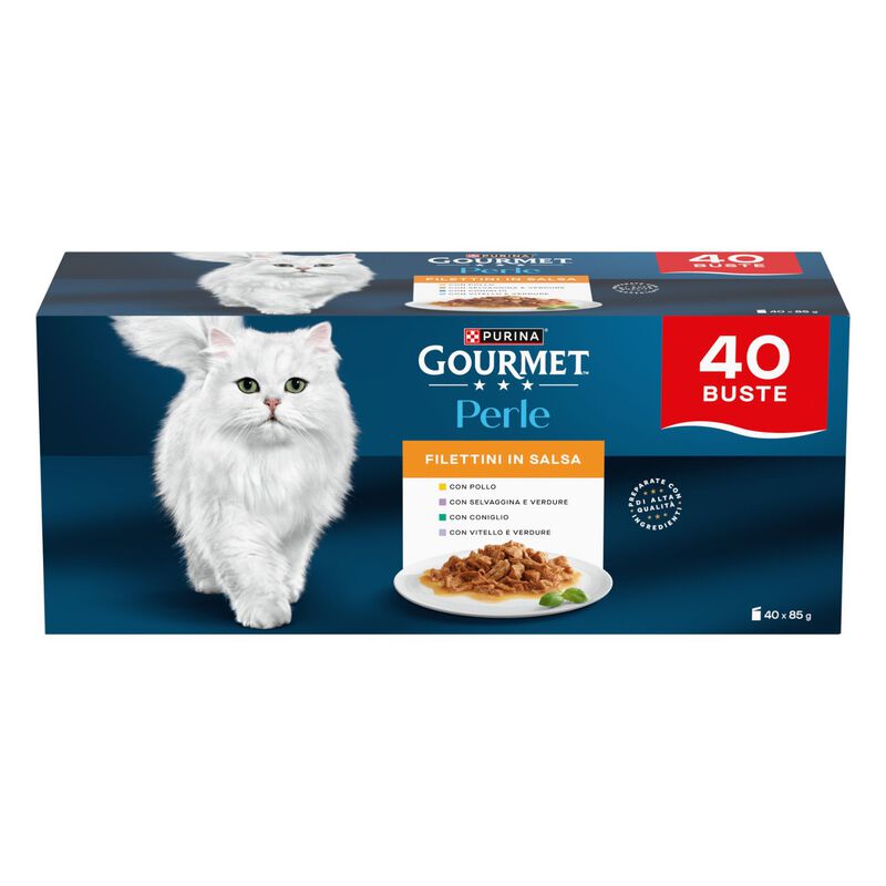 Gourmet Perle Cat Adult Filettini in salsa Pollo, Coniglio, Selvaggina e Vitello 85grx40pz