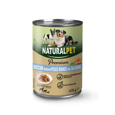 Naturalpet Premium Bocconi ricchi in pesce bianco con salmone 415gr