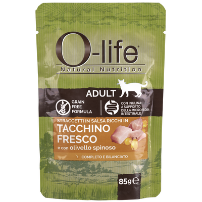 O-life Cat Adult Straccetti in salsa con Tacchino fresco con olivello spinoso 85 gr