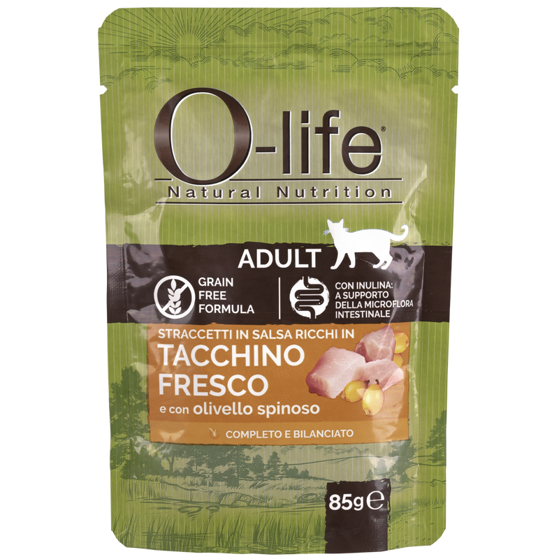 O-life Cat Adult Straccetti in salsa con Tacchino fresco con olivello spinoso 85 gr