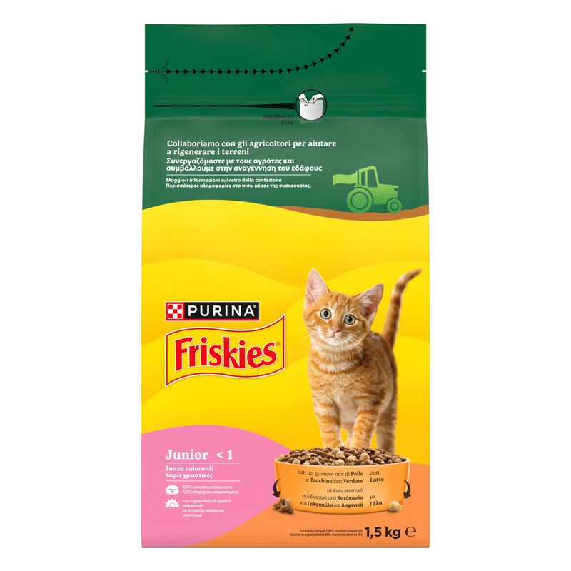 Friskies Cat Junior con Pollo, Tacchino, Latte e Verdure 1,5 kg