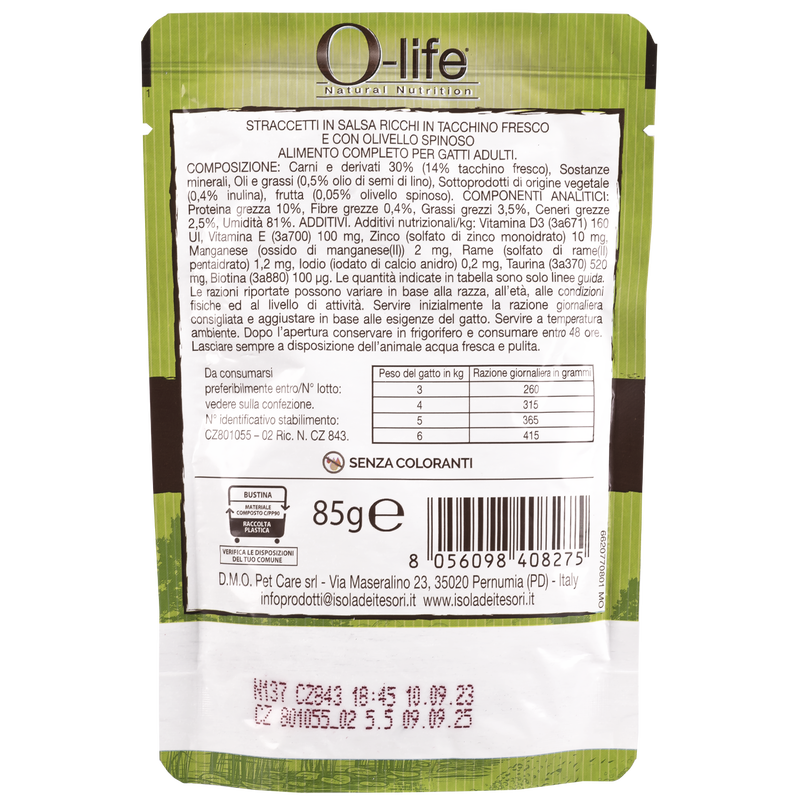 O-life Cat Adult Straccetti in salsa con Tacchino fresco con olivello spinoso 85 gr