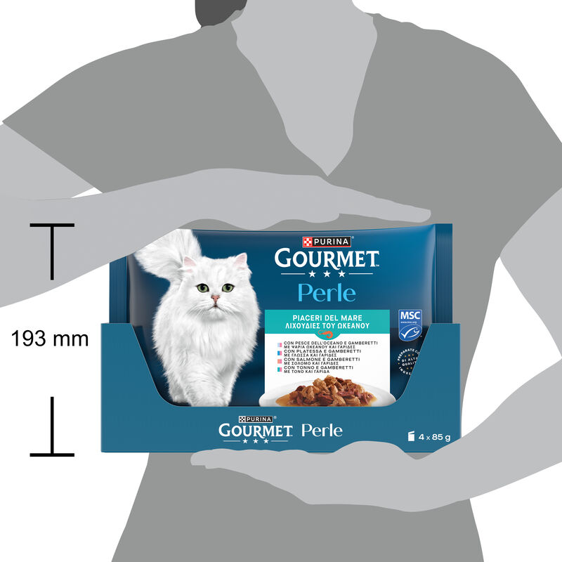 Gourmet Perle Cat Piaceri del mare con Salmone, Platessa, Tonno e Pesce dell'Oceano 4pzx85gr
