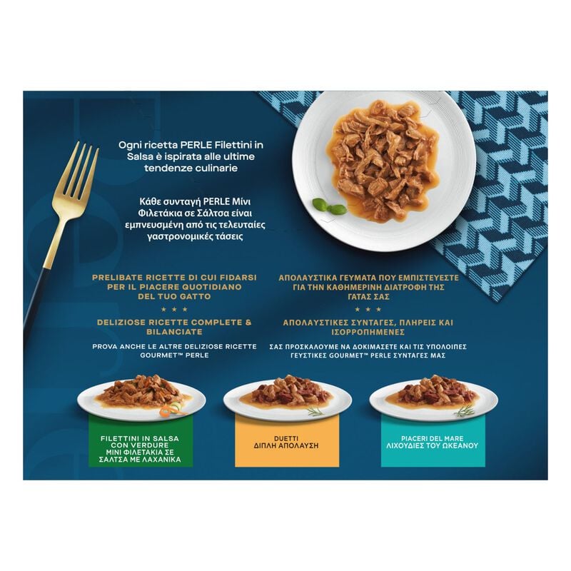 Gourmet Perle Cat Adult Filettini in Salsa Tacchino Tonno Anatra e Agnello 8 x 85 gr