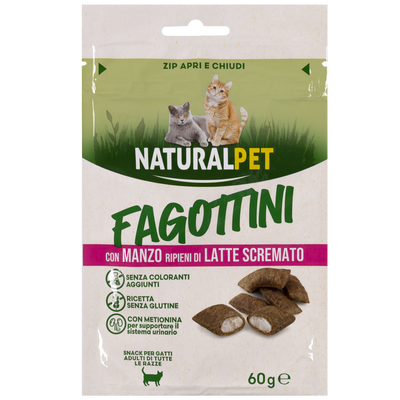 Naturalpet Snack Cat Sterilised  Fagottini con Manzo ripieni di Latte scremato 60gr