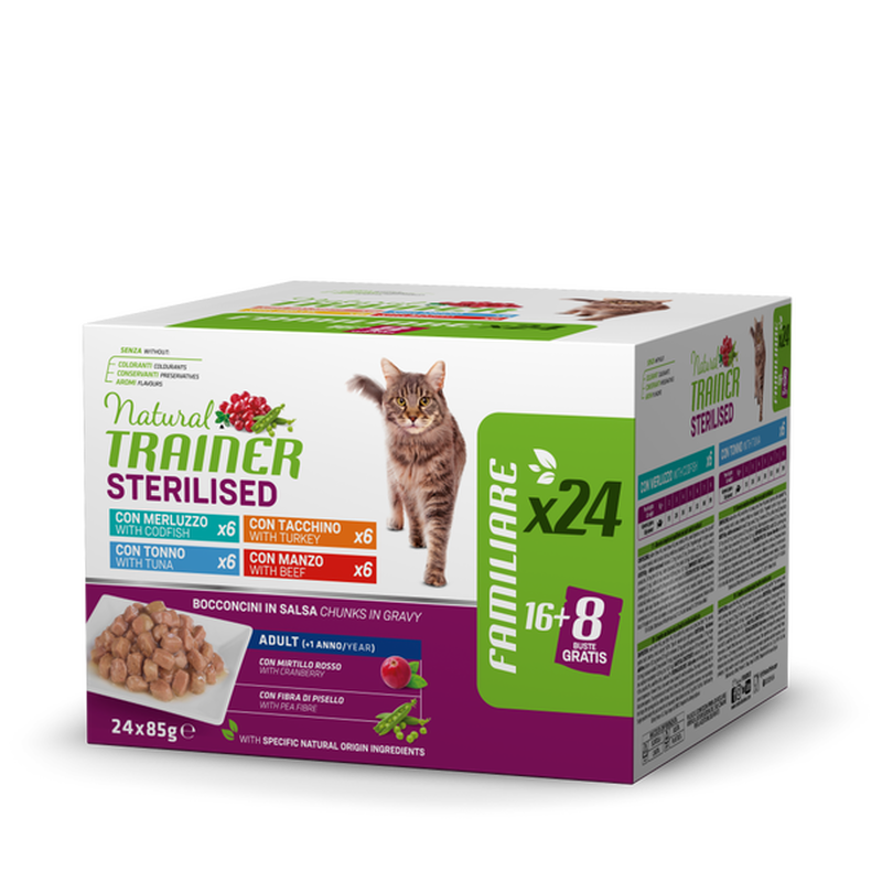 Natural Trainer Bocconcini per Gatti Adulti Steril con Merluzzo, Tacchino, Tonno e Manzo 85grx24pz