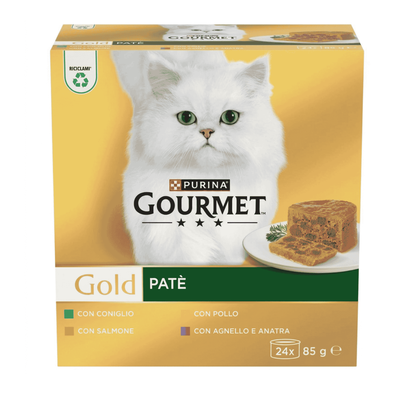 Gourmet Gold Cat Adult pat&eacute; Pollo, Salmone, Coniglio, Agnello & Anatra 85grx24pz