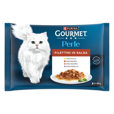 Gourmet Perle Cat Adult Filettini in Salsa con Manzo Pollo Agnello e Anatra 4 x 85 gr