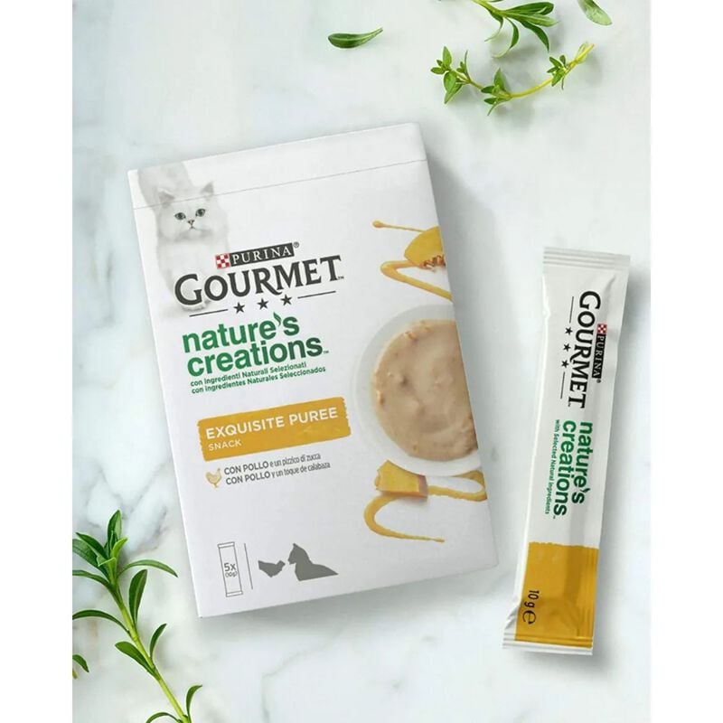 Gourmet Nature's Creations Snack per gatti Exquisite Puree Pollo e Zucca 5 x 10 gr