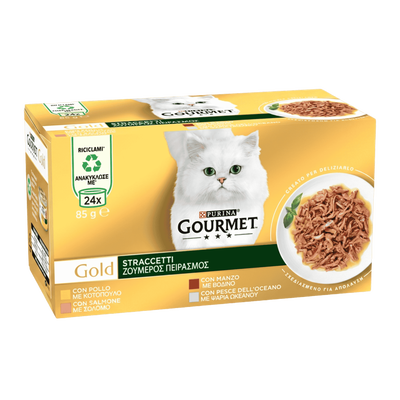 Gourmet Gold Straccetti Multipack Manzo, Pollo, Pesce dell'Oceano, Salmone 85grx24pz