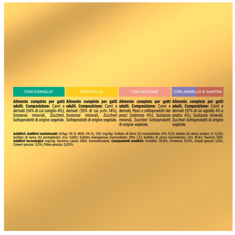 Gourmet Gold Cat Adult pat&eacute; Pollo, Salmone, Coniglio, Agnello & Anatra 85grx24pz