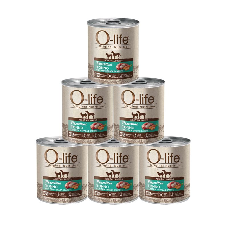 O-life Dog Adult All breeds Pezzettoni Tonno con pesce spada e carote 400gr