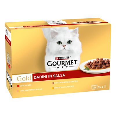 Gourmet Gold Cat Adult Dadini in Salsa con Manzo, Salmone e Pollo, Tacchino e Anatra, Pollo e Fegato 12x85 gr