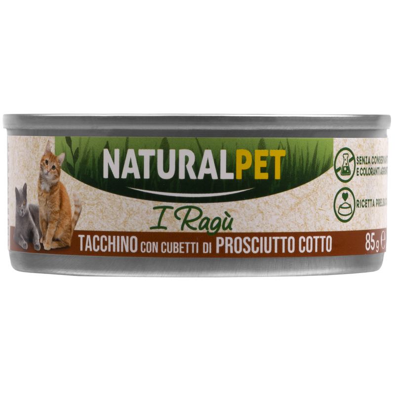 Naturalpet Cat I rag&ugrave; Tacchino con cubetti di prosciutto cotto 85gr