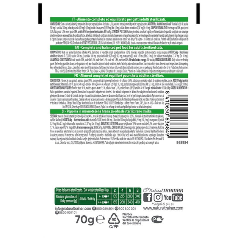 Natural Trainer Tratto urinario Straccetti con Pollo per Gatti Sterilizzati 70gr