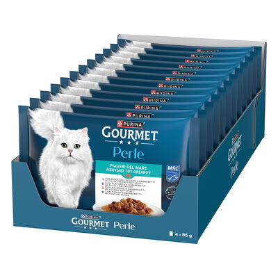 Gourmet Perle Cat Piaceri del mare con Salmone, Platessa, Tonno e Pesce dell'Oceano 4pzx85gr
