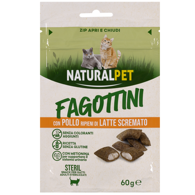 Naturalpet Cat Sterilised Snack Fagottini con Pollo ripieni di latte scremato 60gr
