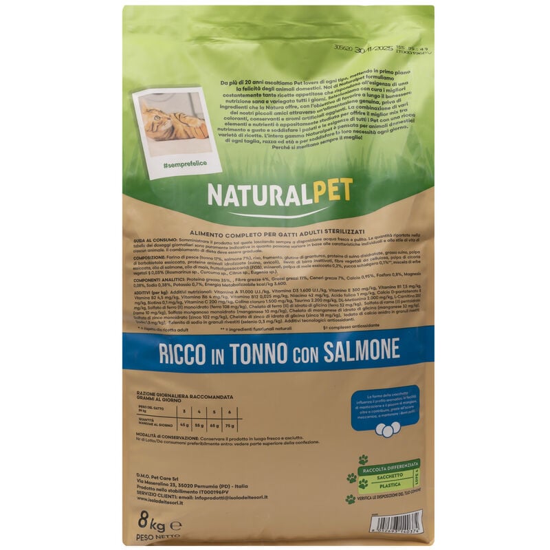 Naturalpet Premium Cat Adult Steril ricco in Tonno con Salmone 8 kg